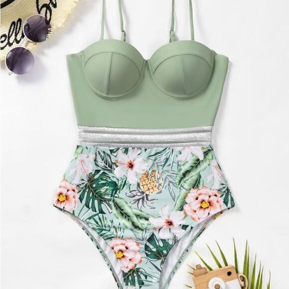 Tropical & Pineapple Print Green Peach One Piece Swimsuit - Picture 15 of 15